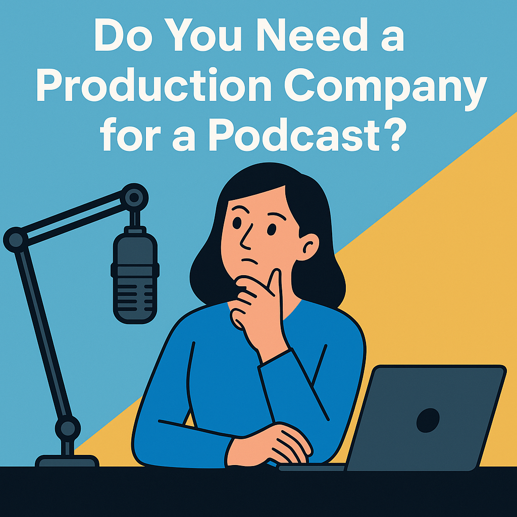 A young woman recording a podcast with professional headphones and microphone setup at a desk, accompanied by bold text that reads 'Do You Need a Production Company for a Podcast?' — representing podcast production and branding support.