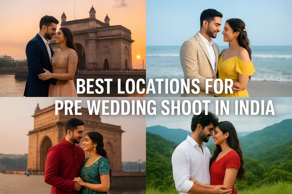 Collage of couples posing at iconic Indian backdrops like Gateway of India, beaches, and mountains, showcasing the best location for pre wedding shoot in India with romantic and scenic settings.