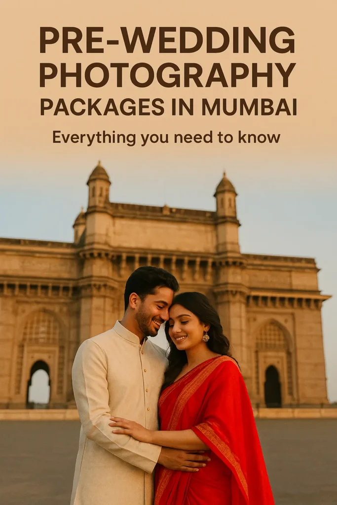Indian couple in traditional attire posing at the Gateway of India during a pre-wedding photoshoot in Mumbai, promoting pre-wedding photography packages with iconic city backdrops