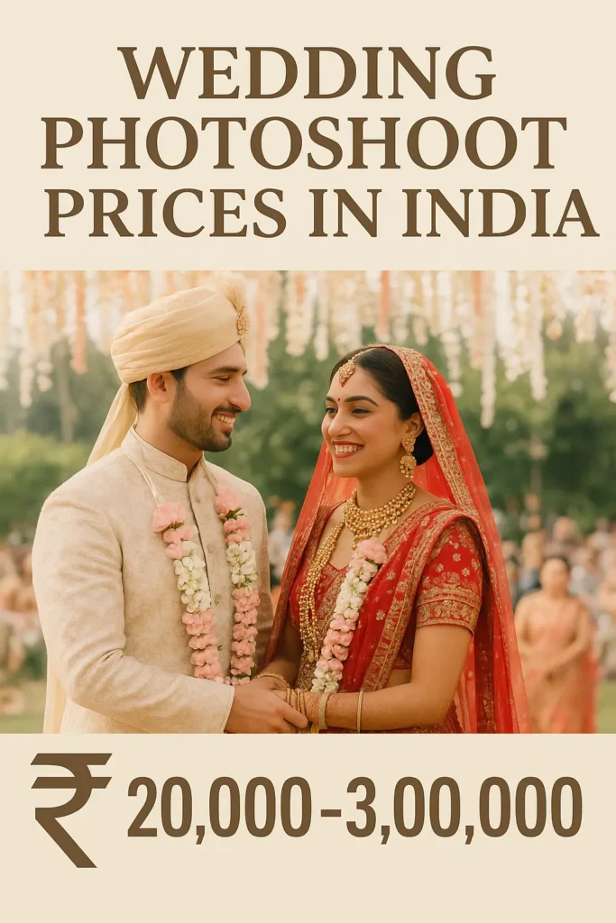 Indian bride and groom in traditional wedding attire smiling during outdoor ceremony with text overlay highlighting wedding photoshoot prices in India ranging from ₹20,000 to ₹3,00,000.
