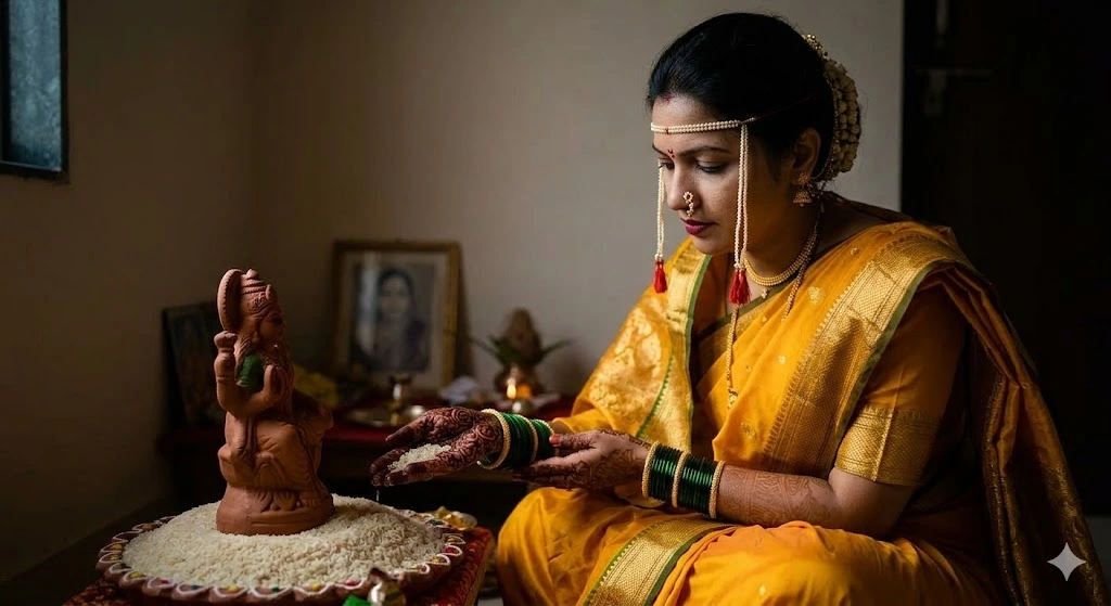 Candid photograph of a Maharashtrian bride in a traditional yellow Nauvari saree and Mundavalya, seated on the floor, performing Gaurihar Puja. She is offering rice to a clay idol of Goddess Parvati, with her eyes lowered in devotion. Intricate mehndi designs and green glass bangles are visible on her hands. The lighting is soft and focused, creating a peaceful, spiritual atmosphere.