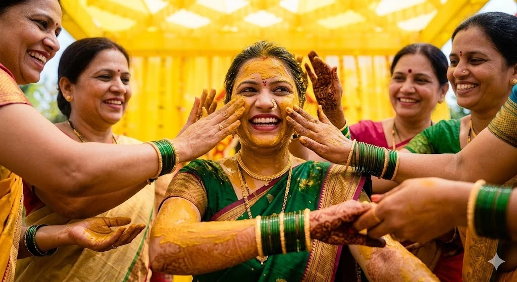 Candid, joyous moment from a Maharashtrian Halad Chadavane (turmeric ceremony). The bride, wearing traditional green bangles and a simple gold necklace, laughs happily as extended family members playfully apply bright yellow turmeric paste to her face and arms. The image captures the chaotic, fun energy of Marathi pre-wedding rituals