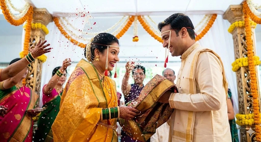 A dynamic candid photograph of a Maharashtrian wedding couple during the critical Antarpat drop. The patterned silk shawl is falling between the smiling bride, in her yellow Nauvari saree and Mundavalya, and the groom, in a cream kurta. They are facing each other under a decorated mandap, showered by a flurry of sacred rice (Akshata) from unseen guests, capturing the kinetic energy of the Mangalashtak ritual.