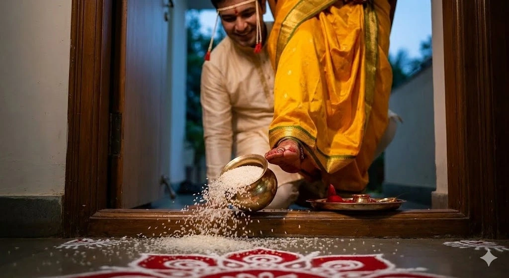 A low-angle, candid photograph of a Maharashtrian bride performing the Map Olandane ritual during her Grihapravesh. Her foot, adorned with red kumkum, gently tips over a brass Kalash, spilling white rice inward across the doorway threshold onto a red and white rangoli. She wears a yellow Nauvari saree with a green border. In the background, the smiling groom, wearing a cream kurta and Mundavalya, watches the auspicious moment.