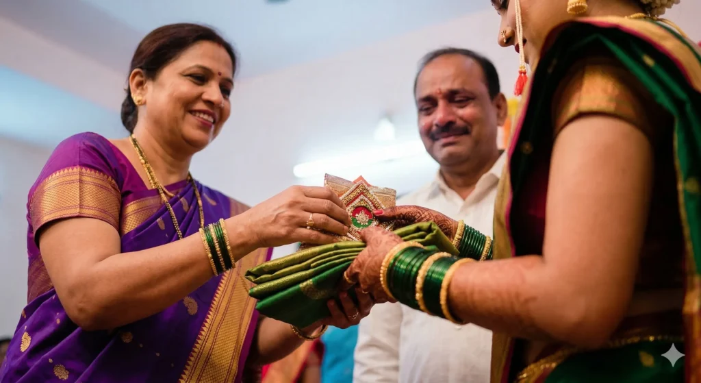 Candid photo from a traditional Maharashtrian ritual. An elder woman in a purple silk Paithani saree happily presents a new green silk saree gift to a bride, who is also in a green saree with green bangles.